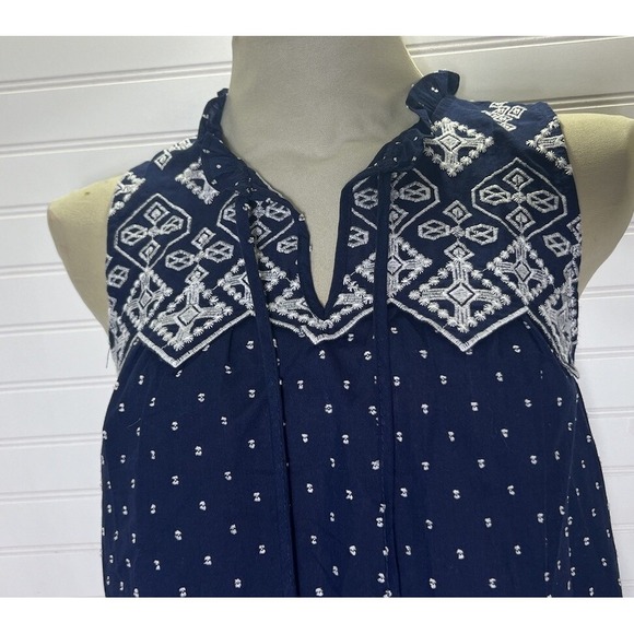 Mine Women's Small Sleeveless Navy Blue Top White Embroidery Aztec Western Boho - Picture 4 of 8